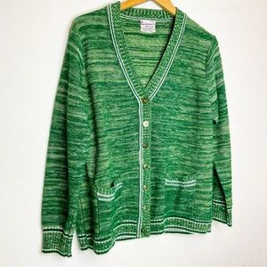 VINTAGE Lovenza Green Marled Knit Cardigan – 70s/80s Retro Grandpa Sweater M/L